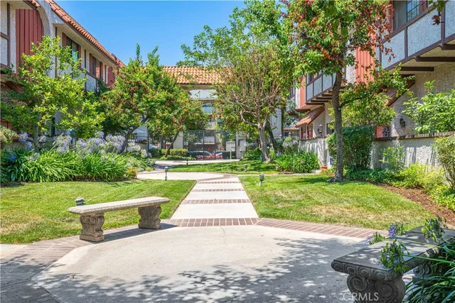 a view of an outdoor space with a swimming pool