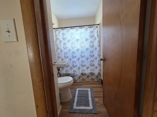 a bathroom with a toilet and a shower