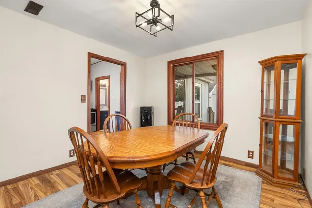 a view of a dining room with furniture