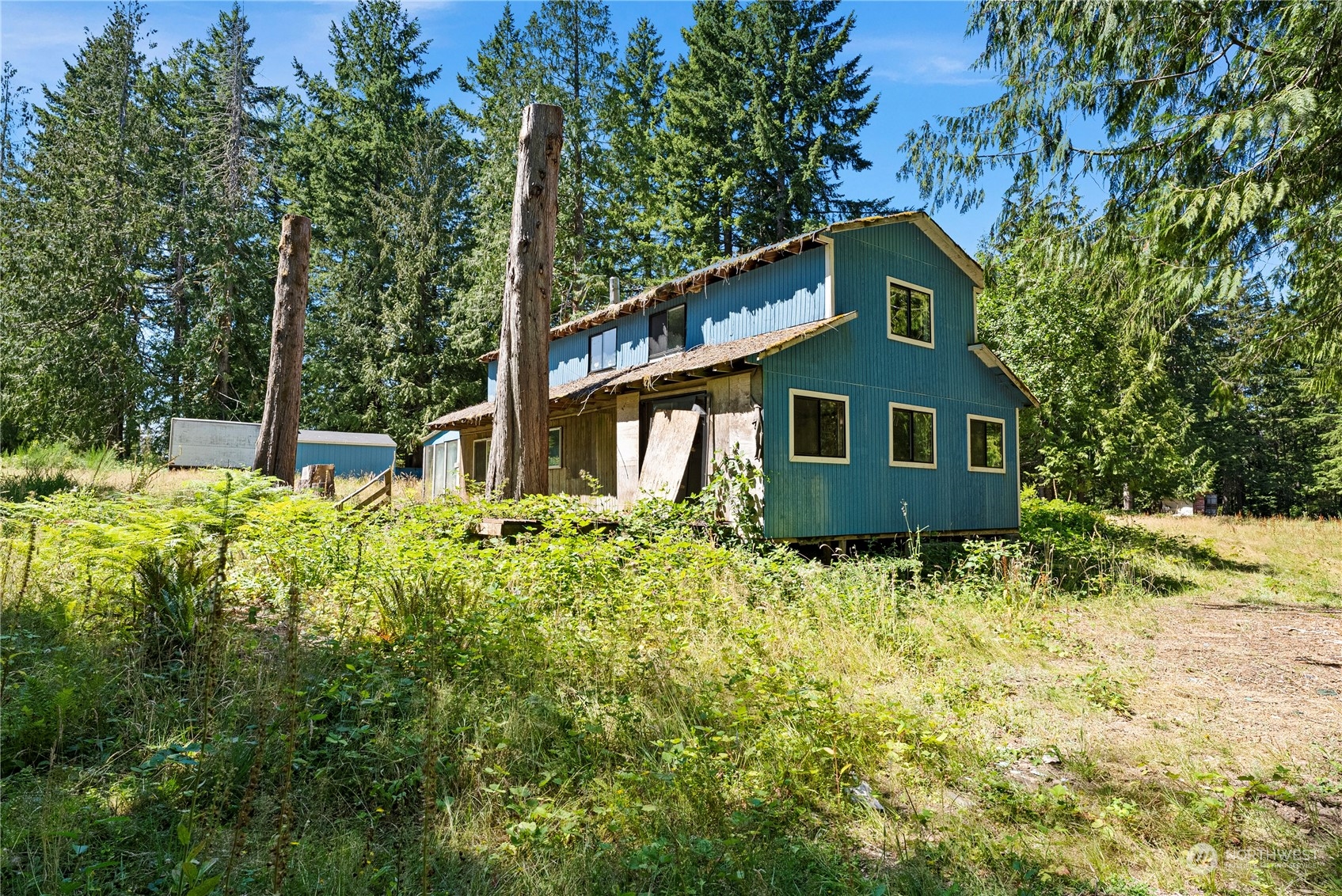 66 Peter Hagen Road Northwest Seabeck, WA 98380 - Photo 14 of 26 a backyard of a house with large trees and wooden fence