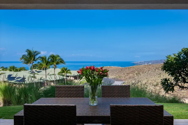 a view of a balcony with chairs potted plants