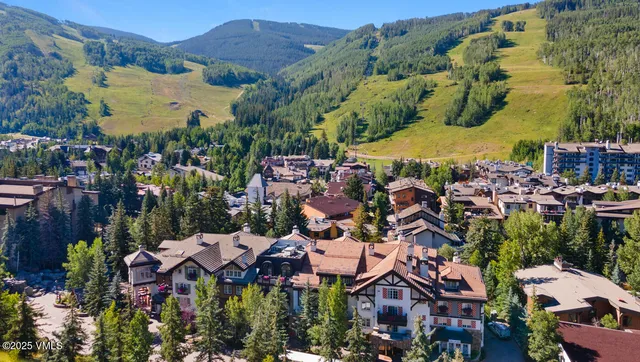 an aerial view of a house with a yard and outdoor seating