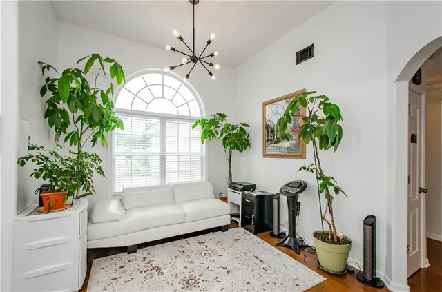 a living room with furniture flowerpot and a chandelier