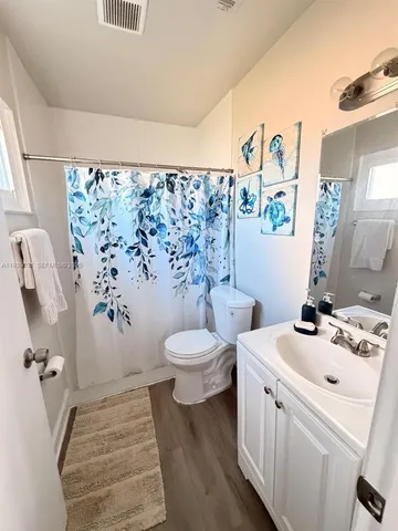 a bathroom with a sink mirror vanity and toilet
