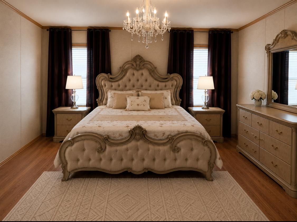 438 Kellar Road Smithville, TX 78957 - Photo 16 of 30 Ornate bedroom furnishings define a luxurious primary suite with classic flooring and elegant lighting.
