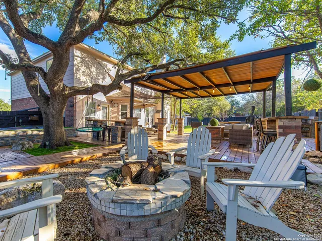 a view of a patio with couches chairs and a fire pit