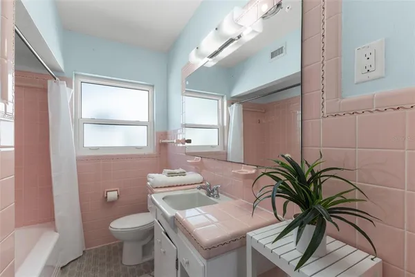 a bath room with a toilet a sink and a window