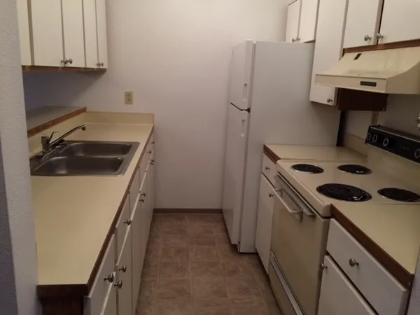 a kitchen with a sink a stove and cabinets