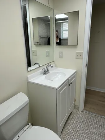 a bathroom with a sink a toilet and mirror