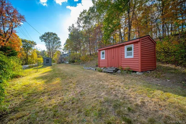 a view of a backyard with plants and large trees