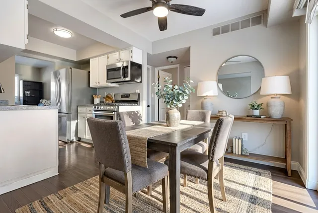 a view of a dining room with furniture