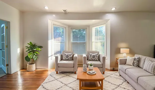 a living room with furniture and a potted plant