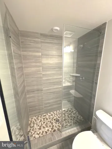 a bathroom with a shower and toilet