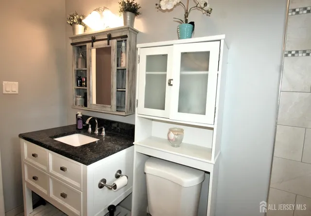 a bathroom with a granite countertop sink and a mirror