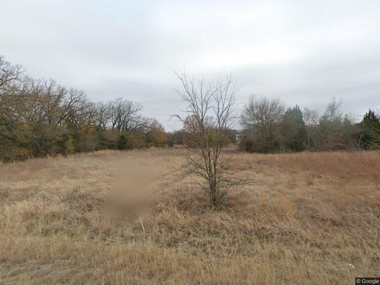 a view of a dry yard with trees in the background