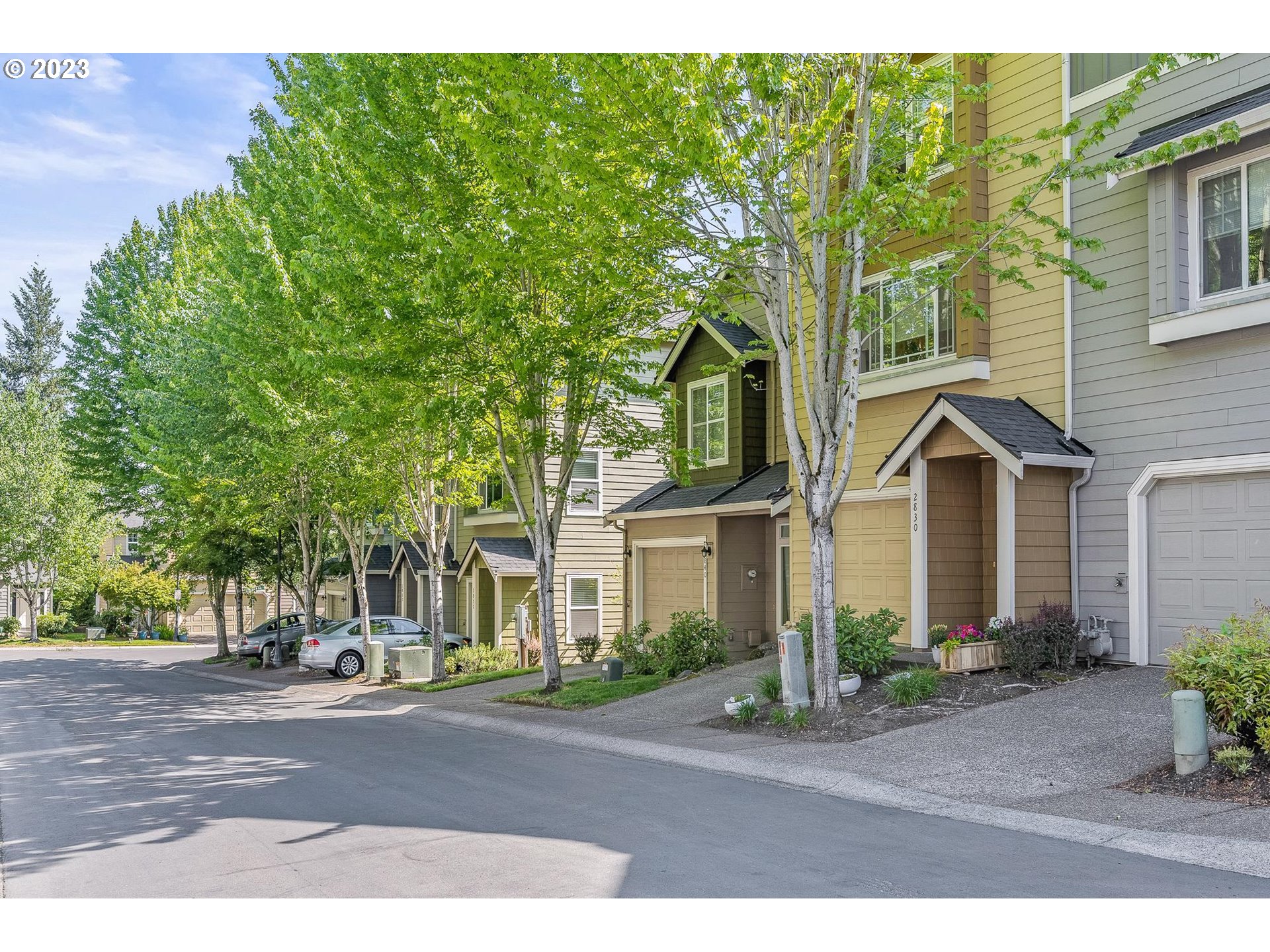 a front view of a house with yard and green space