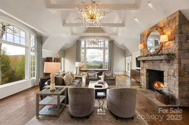 a living room with furniture a chandelier and a fireplace