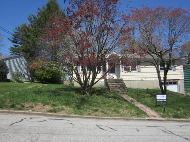 a view of a yard with plants and trees