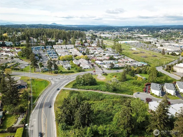 an aerial view of residential houses with outdoor space and river