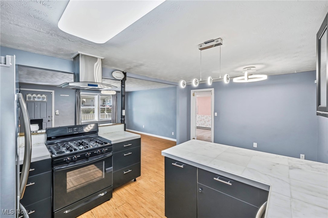 245 North Road Niles, OH 44446 - Photo 15 of 45 Kitchen featuring dark cabinets, black range with gas cooktop, freestanding refrigerator, island exhaust hood, and light wood-style flooring