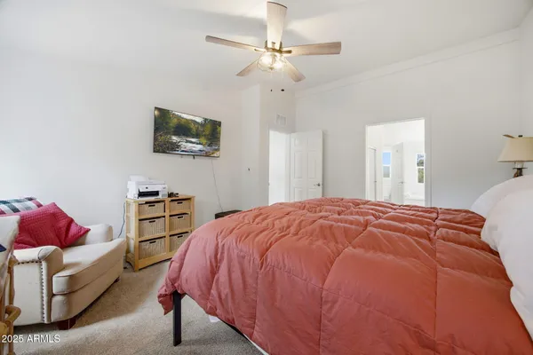 a spacious bedroom with a bed and a couch