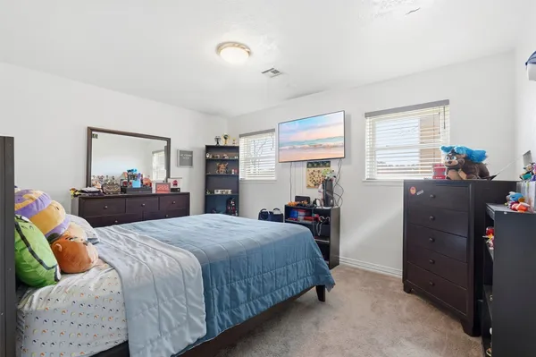 a bedroom with a bed and a dresser