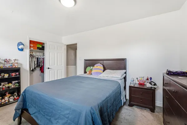 a bedroom with a bed and a closet