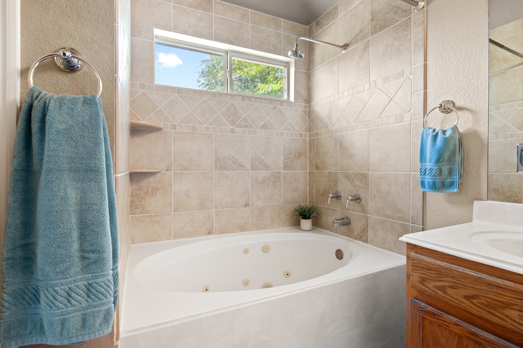 1108 Springbrook Road Pflugerville, TX 78660 - Photo 22 of 37 An inviting jetted tub with tiled surround offers a serene bathing experience.