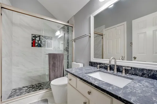 a bathroom with a granite countertop sink toilet and shower