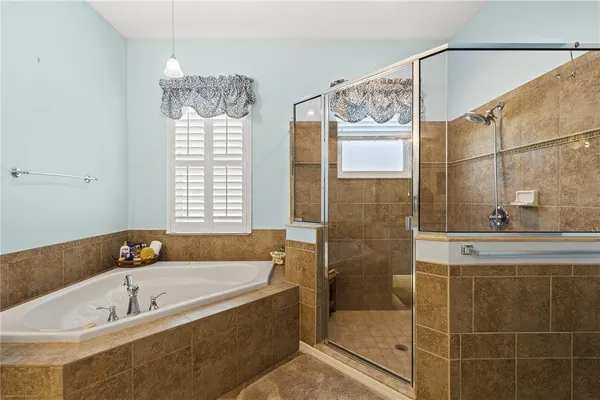 a bathroom with a bathtub and a shower