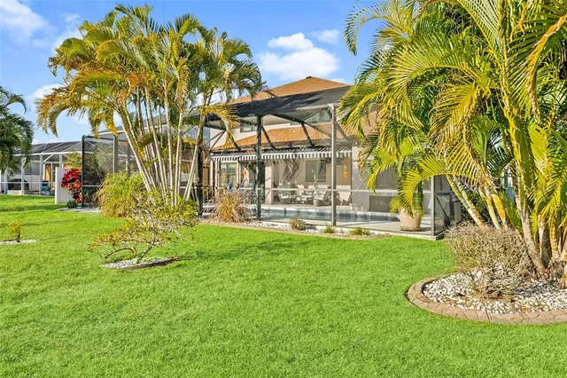 a garden view with a fountain