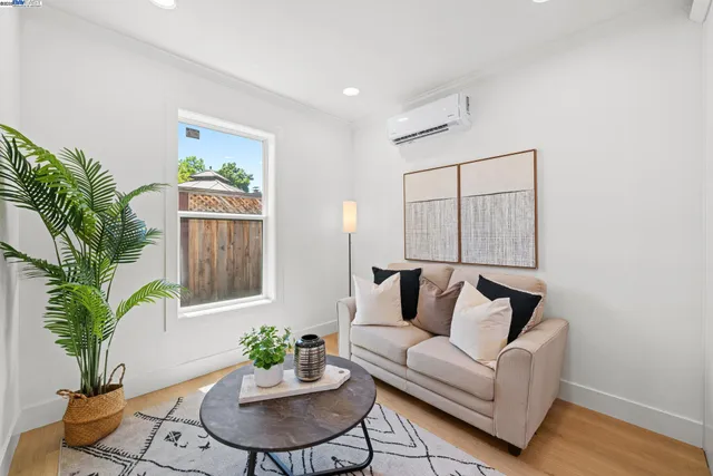 a view of a porch with wooden floor