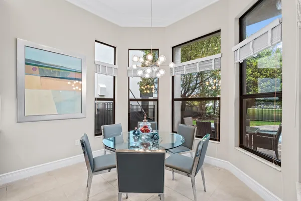 a view of a dining room with furniture window and outside view