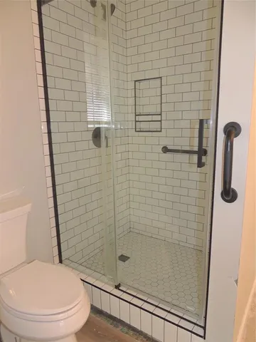 a bathroom with a shower and toilet