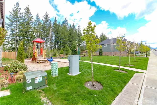 a view of a garden with a house