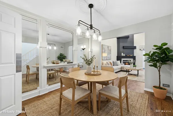 a view of a dining room with furniture