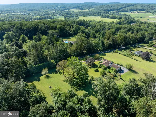 an aerial view of green landscape with trees houses and mountain view