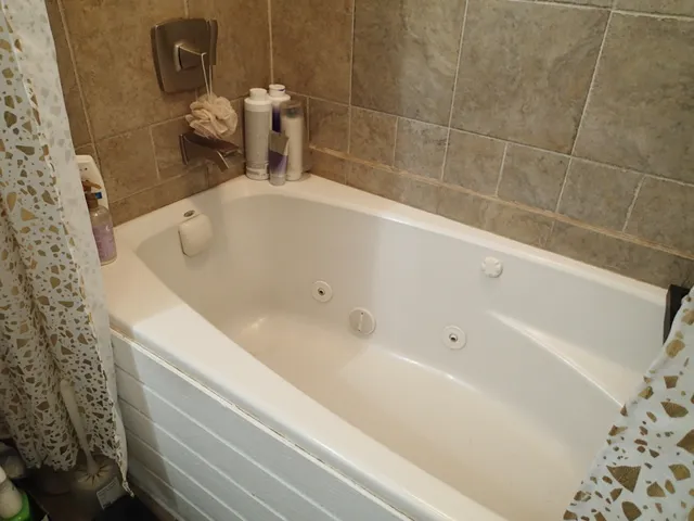 a bathroom with a bathtub