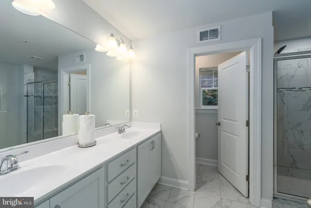 a bathroom with a double vanity sink mirror and shower