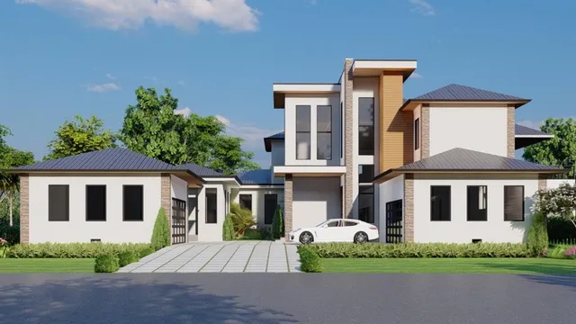 a front view of a house with a garden and plants