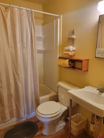 a bathroom with a sink a toilet and shower curtain