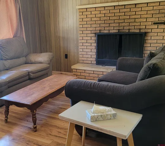 a living room with furniture and a fireplace