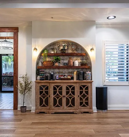 a view of a fireplace with a wooden floor