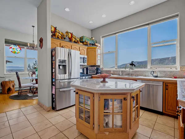a kitchen with stainless steel appliances granite countertop a sink and a refrigerator