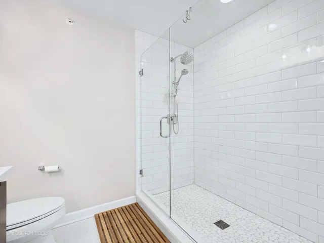 a bathroom with a shower and a toilet