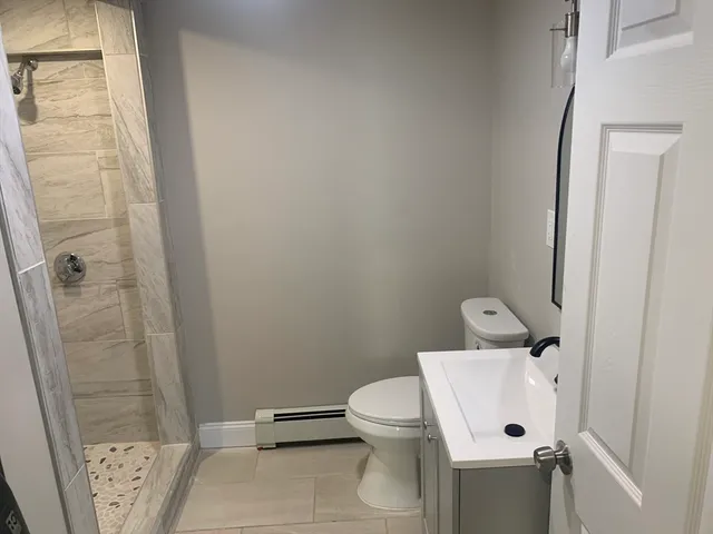 a bathroom with a shower and a toilet