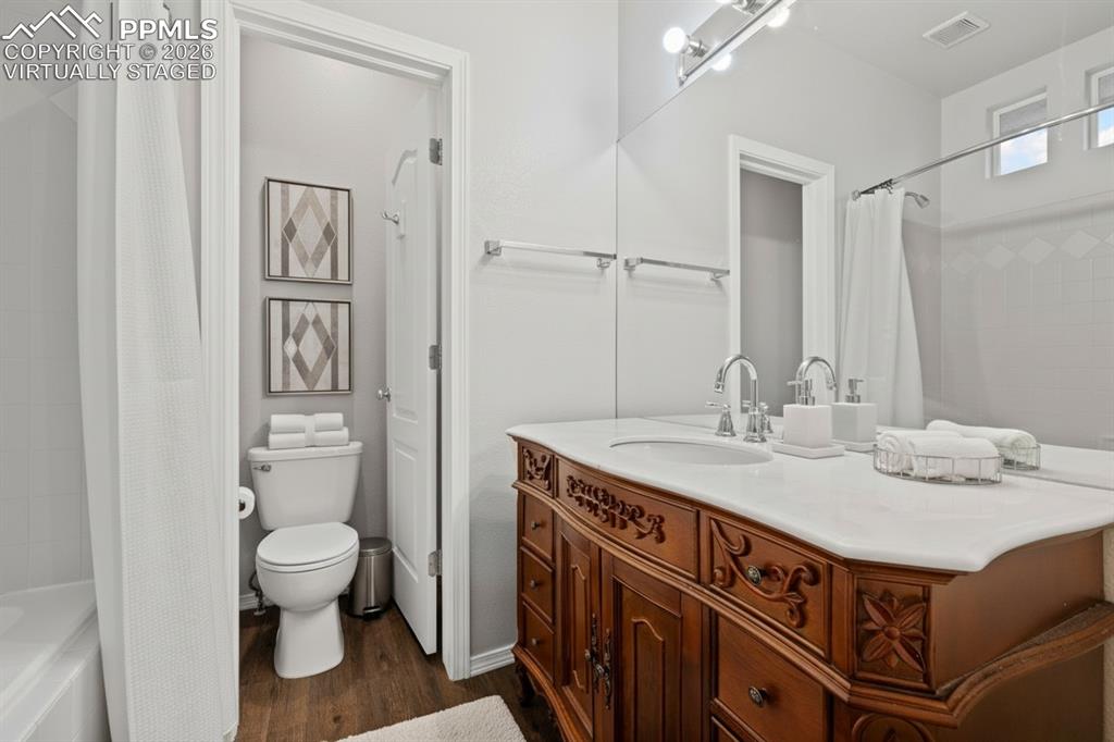 3214 Apogee View Colorado Springs, CO 80906 - Photo 16 of 33 a bathroom with a sink a toilet and shower curtain