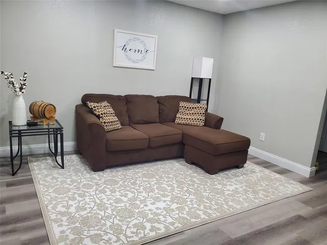 a living room with furniture and a rug