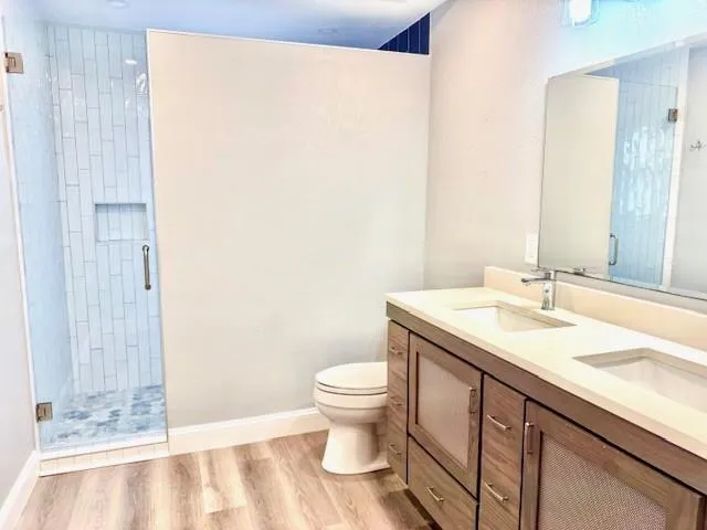 a bathroom with a granite countertop sink a toilet and a large mirror