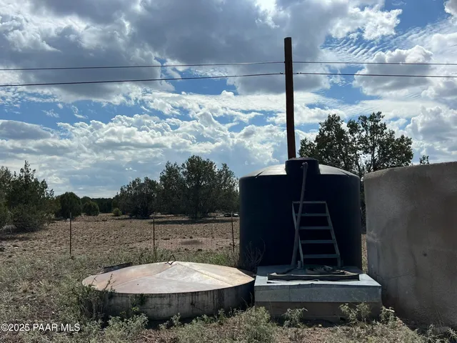a view of dirt field with trees